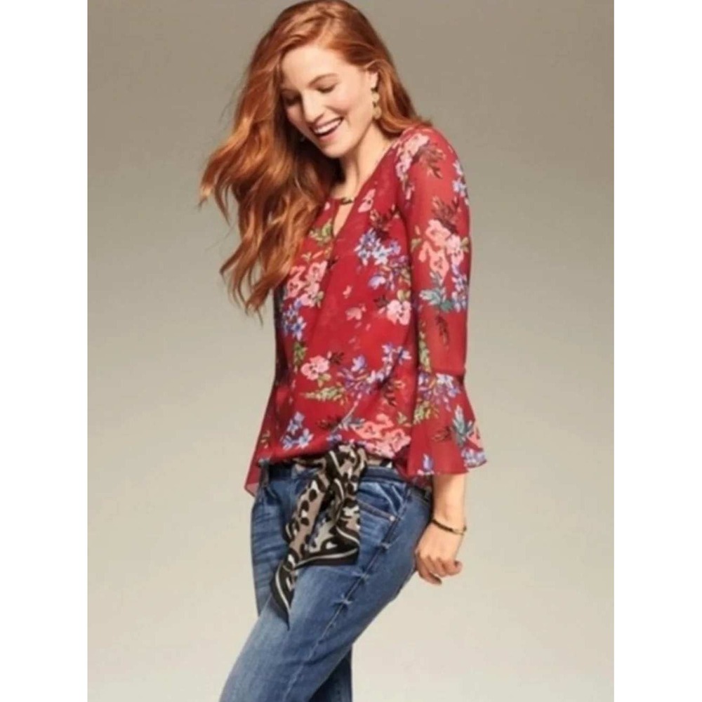 Cabi Devoted Blouse Red Floral Bell Sleeve Chiffon Size Small Keyhole Cutout Top